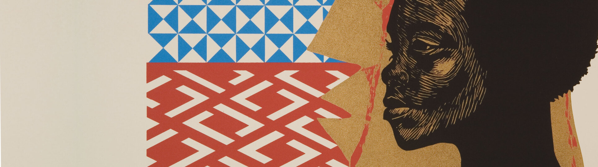 Detail of a print depicting a woman’s face and decorative abstract patterns