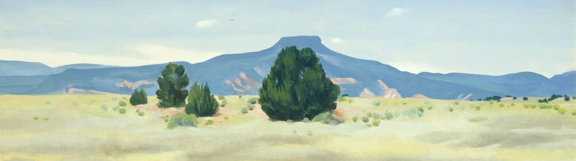 Detail of a painting depicting the landscape of New Mexico with mountains in the distance